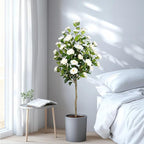 Artificial Camellia Tree 2 Pack, Artificial Plants Outdoor Faux Floral Plant in Cement Pot Fake Silk Camellia Tree Plants for Home House Living Room Office Decor