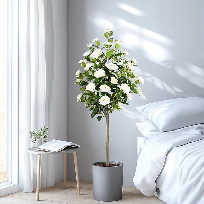 Artificial Camellia Tree 2 Pack, Artificial Plants Outdoor Faux Floral Plant in Cement Pot Fake Silk Camellia Tree Plants for Home House Living Room Office Decor