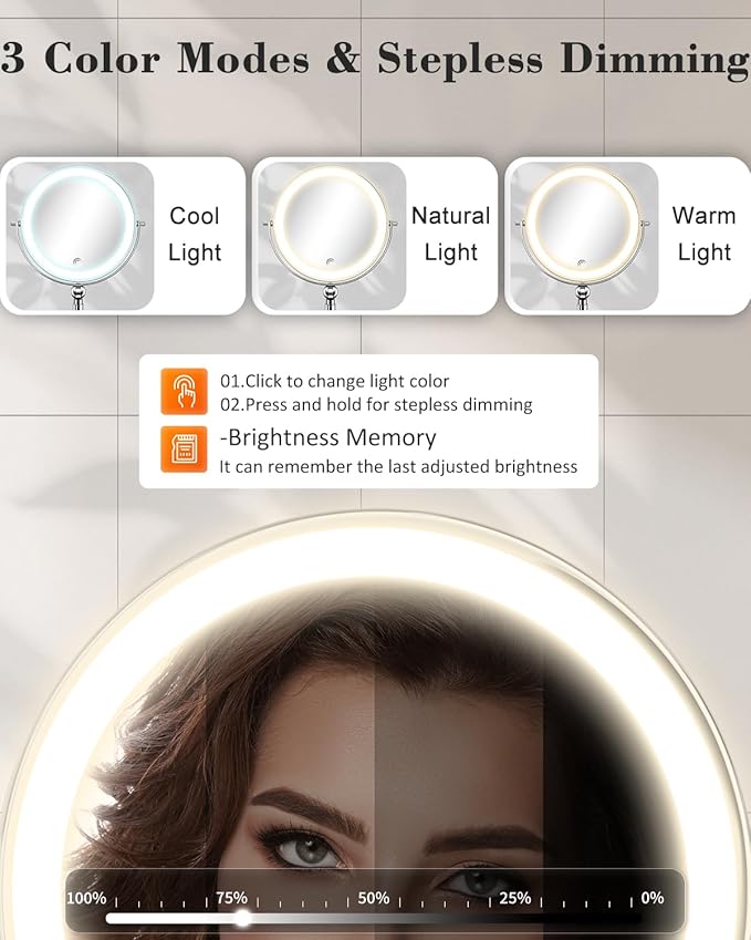 30X/1X Wall Mounted Lighted Makeup Mirror, 9'' Height Adjustable Double Sided 5000mAh Rechargeable Magnifying Bathroom Mirror with Light, 3 Color Modes Touch Dimmable Extended Arm 360 Rotation
