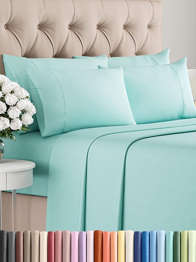 Queen 6 Piece Sheet Set - Comfy Breathable & Cooling - Ultra-Soft Hotel Luxury Bedding Set with 8-16 Inch Deep Pockets - 1 Flat & 1 Fitted Sheet & 4 Pillowcases - Wrinkle Free & Easy Care - Spa Blue