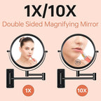 8" Wall Mounted Makeup Mirror with 1X 10x Magnification, Extendable Magnifying Mirror Two-Sided Swivel, Black
