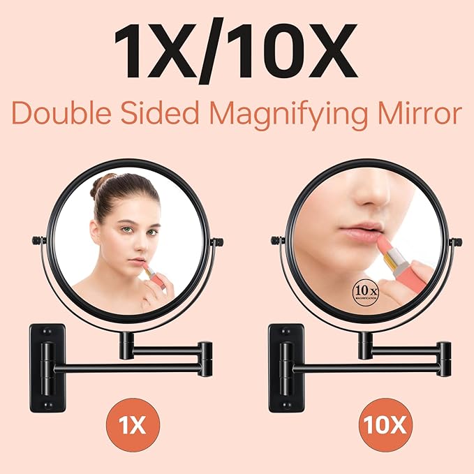 8" Wall Mounted Makeup Mirror with 1X 10x Magnification, Extendable Magnifying Mirror Two-Sided Swivel, Black