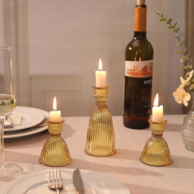 6 Pcs Amber Glass Candlestick Holders (3.5"/6", Assorted)- Tall Taper Candle Holders with Vintage Design, Candle Stick Holders in Bulk for Fall Party Decor, Amber Candle Holder for Tapered Candles