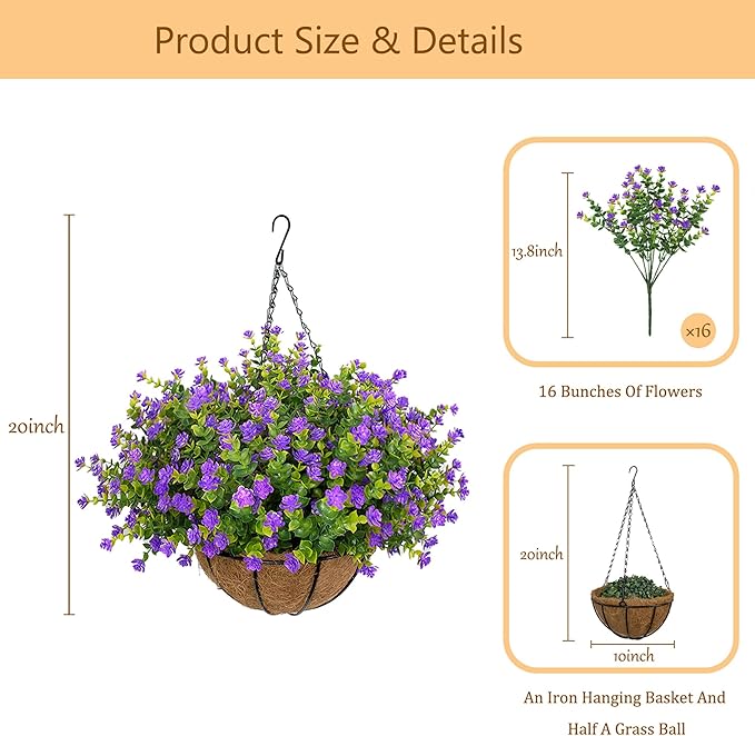 Artificial Hanging Flowers Basket for Outdoor, 16 Fake Flowers Look Real UV Resistant, Faux Hanging Plants for Porch, Balcony, Patio, Garden, Spring Summer Decor,Purple