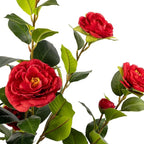 Artificial Camellia Tree 2 Pack, Artificial Plants Outdoor Faux Floral Plant in Cement Pot Fake Red Silk Camellia Tree Plants for Home House Living Room Office Decor (Red (2 Pack))