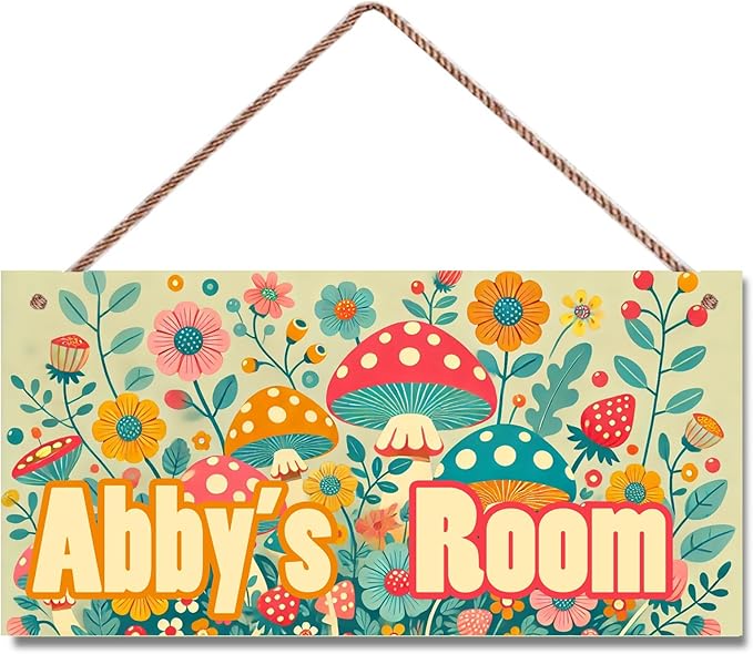 Personalized Sign Mushroom and Flowers Decor For Girls Bedroom Custom Door Sign Wood Plaque Sign Wall Decor For Kids Room