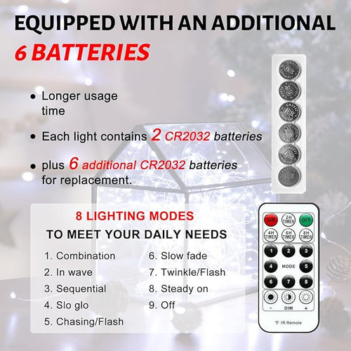 6PCS White Fairy Lights Battery Powered with Timer, 7ft 20LEDs Twinkle Mini Lights with Remote,Waterproof Small Silver Wire Firefly Starry for DIY Wedding Party Christmas