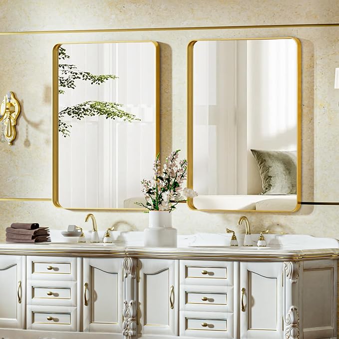 VooBang Bathroom Mirror 24x32 inch, Gold Gorgeous Deep Frame Wall Mirror, Modern Round Corner Bathroom Vanity Mirror for Bedroom, Living Room, Hanging or Leaning Horizontal or Vertical, Gold