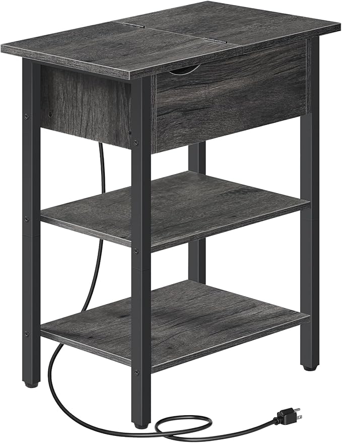 HOOBRO End Table with Charging Station, Narrow Side Table, Flip Top Nightstand with USB Ports and Outlets, Bedside Tables with Shelf for Small Spaces, Living Room, Charcoal Black BC341BZ01