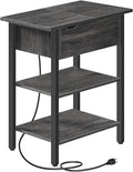 HOOBRO End Table with Charging Station, Narrow Side Table, Flip Top Nightstand with USB Ports and Outlets, Bedside Tables with Shelf for Small Spaces, Living Room, Charcoal Black BC341BZ01