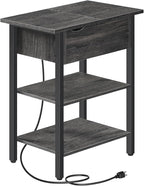 HOOBRO End Table with Charging Station, Narrow Side Table, Flip Top Nightstand with USB Ports and Outlets, Bedside Tables with Shelf for Small Spaces, Living Room, Charcoal Black BC341BZ01