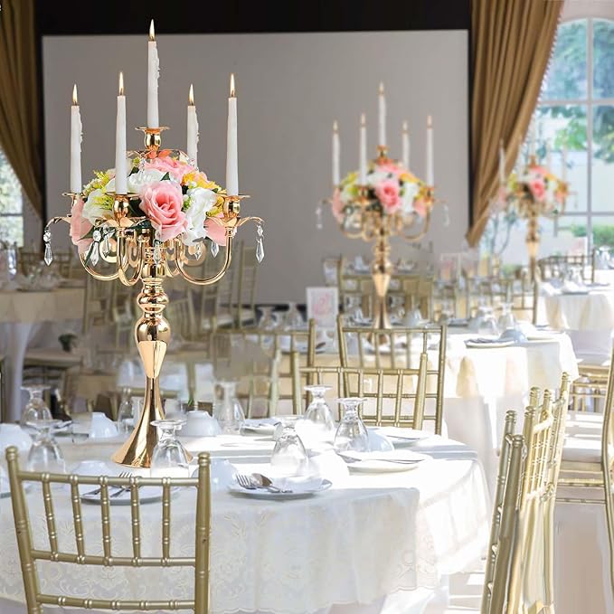 2PCS Gold 5-Arm Candelabra Centerpiece - 20.3" Tall Metal Candle Holder for Wedding, Party & Home Decor - Vintage Table Centerpiece for Events, Dining Room, Church Decorations