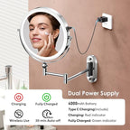 9" Wall Mounted Lighted Makeup Mirror,4000mAh Rechargeable Double Sided 1X/30X Magnifying Mirror with Light,Touch Dimmable,Extended Arm 360 Rotation Wall Mounted Makeup Mirror 3 Color Lights-C
