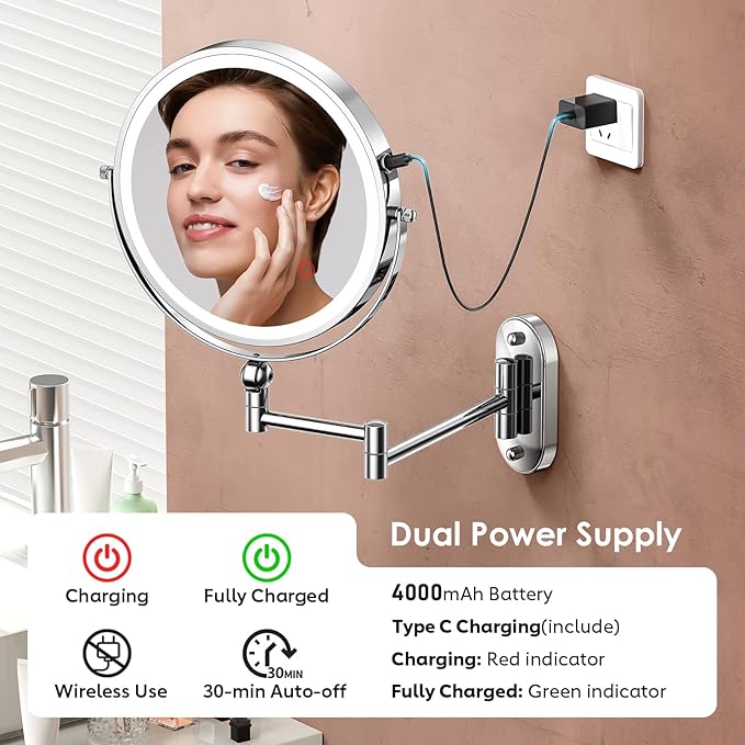 9" Wall Mounted Lighted Makeup Mirror,4000mAh Rechargeable Double Sided 1X/30X Magnifying Mirror with Light,Touch Dimmable,Extended Arm 360 Rotation Wall Mounted Makeup Mirror 3 Color Lights-C