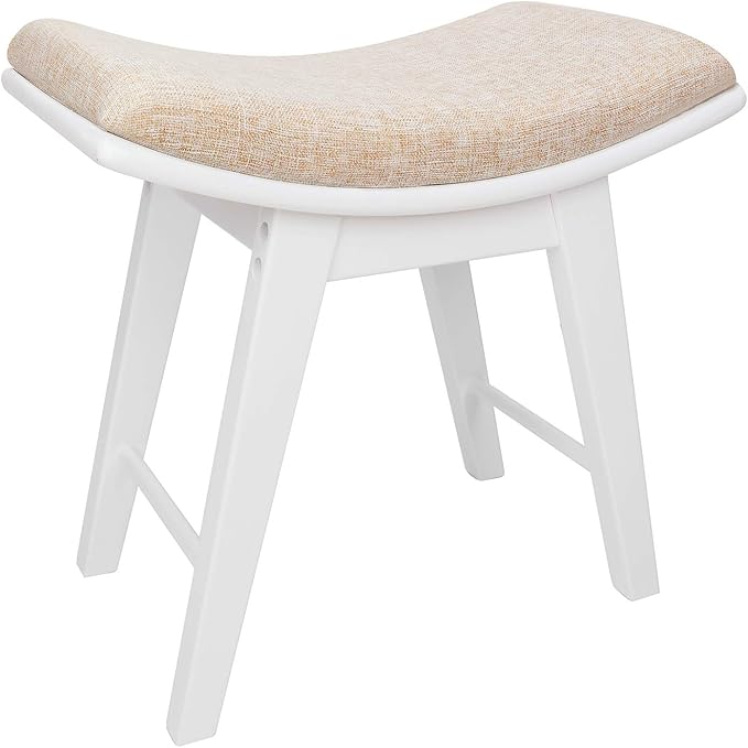 URFORESTIC Oak Wood Vanity Stool, Modern Makeup Dressing Stool with Concave Seat Surface,Capacity 300lb, Easy Assembly (White)