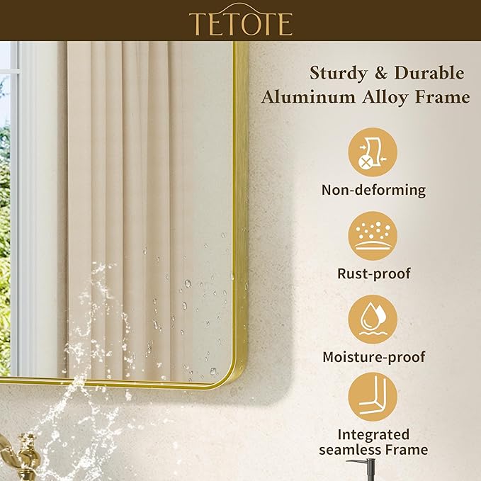 TETOTE Brushed Gold Bathroom Mirror 30 x 30 Gold Metal Framed Bathroom Mirror, Tempered Glass, Modern Farmhouse Wall Mounted Mirror for Decorative(Horizontal/Vertical)