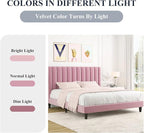 Allewie King Platform Bed Frame/Velvet Upholstered Bed Frame with Vertical Channel Tufted Headboard/Strong Wooden Slats/Mattress Foundation/Box Spring Optional/Easy Assembly/Pink