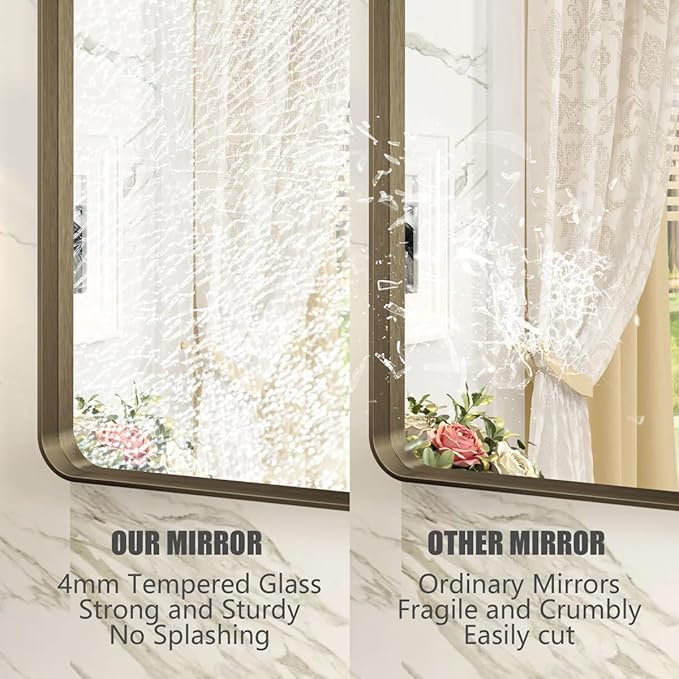 24x32 Bronze Bathroom Mirror, Rounded Rectangle Bronze Frame Mirror, Brushed Bronze Bathroom Vanity Mirror Wall-Mounted, Anti-Rust, Hangs Horizontally or Vertically