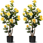 Artificial Camellia Tree 2 Pack, Artificial Plants Outdoor Faux Plant in Cement Pot Fake Yellow Silk Camellia Tree Plants for Home House Living Room Office Decor (Yellow (2 Pack))