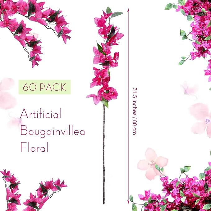 60 Pcs Artificial Faux Bougainvillea Fake Flower Silk Bougainvillea Branches UV Resistant Outdoor Indoor Decoration for Wedding Home Centerpieces Outside Decor (Rose Red)