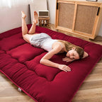 MAXYOYO Japanese Floor Mattress Futon Mattress, Thicken Sleeping Pad Foldable Roll Up Floor Futon for Adults Tatami Mat Dormitory Bed Lounger, Burgundy, Full Size