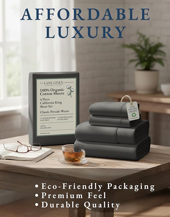 LANE LINEN 100% Organic Cotton California King Sheets Set, Fully Elasticized Reinforsed Seams in Fitted Pocket, Machine Washable All Season Cal King Sheet Deep Pocket Bedding-Charcoal