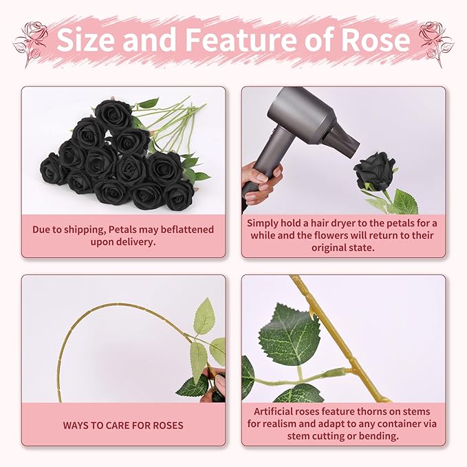 52 PCS Black Artificial Roses Bulk, Fake Artificial Flowers Bridal Bouquet Silk Faux Rose with Stems for Wedding Flowers Decoration, Valentine's Day, Bridal Bouquet, Anniversary, Home Decor (52PCS)