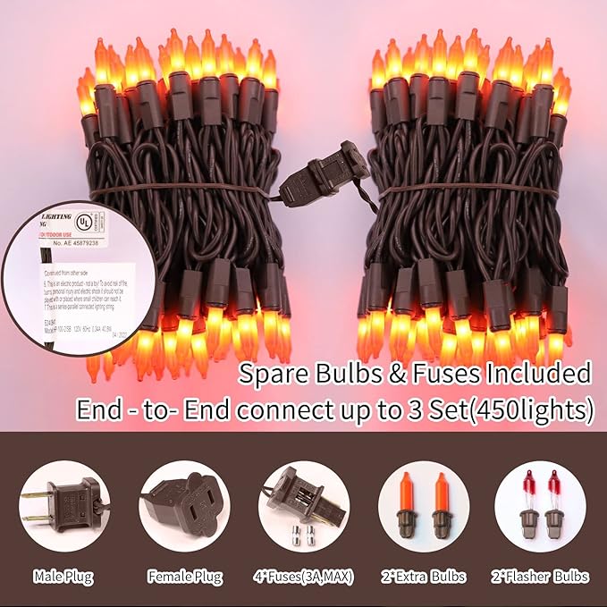 LAMPHOME 31.9FT 150-Count Halloween Decoration Lights with Brown Wire, String Lights for Holiday Decorations, Halloween Tree Lights, Holiday Party, Home, Indoor & Outdoor Use (Brown Wire Orange)