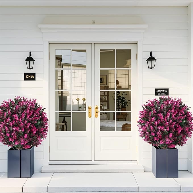 Artificial Pink Eucalyptus Topiary Ball Trees, 2 Set of 16'' UV Resistant Fake Evergreen Shrubs Bushes Plants with Ground Spike, Fake Plants for Outdoor Indoor Front Porch Garden