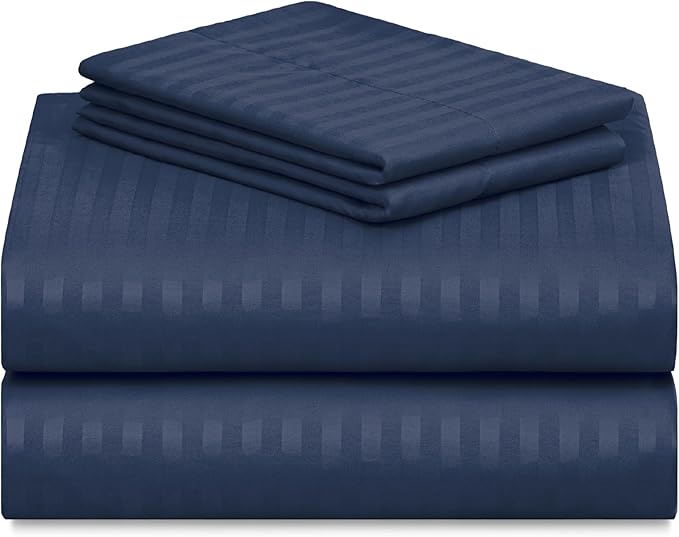 LuxClub 4 PC Queen Size Sheet Set Bed Sheets, Breathable Luxury Deep Pockets Wrinkle Free Cooling Sheets Machine Washable Hotel Bedding (Queen, Striped Navy)