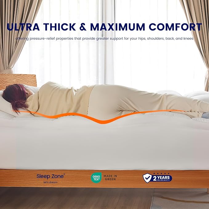 SLEEP ZONE King Mattress Topper Washable, Deep Pocket Mattress Pad, Thick Fitted Mattress Cover for Back Pain, Breathable Mattress Protector, Hotel Quality (White, King)