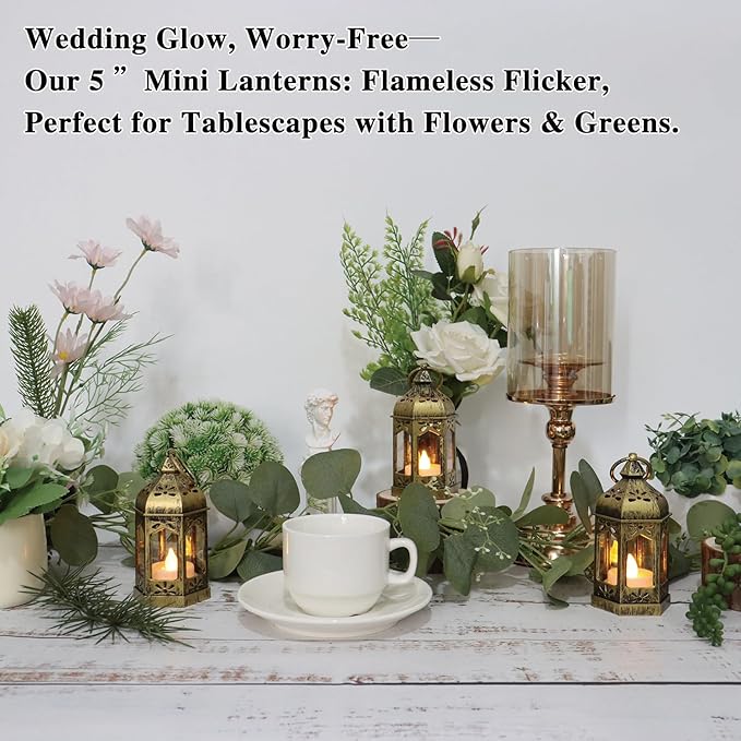 8Pcs 5-inch Mini Lanterns Centerpieces for Table, Baby Shower Decorations, Vintage Small Lantern for Halloween Decorations, Party Lights for Enchanted Forest Decorations, Wedding Decor, Brushed Brass