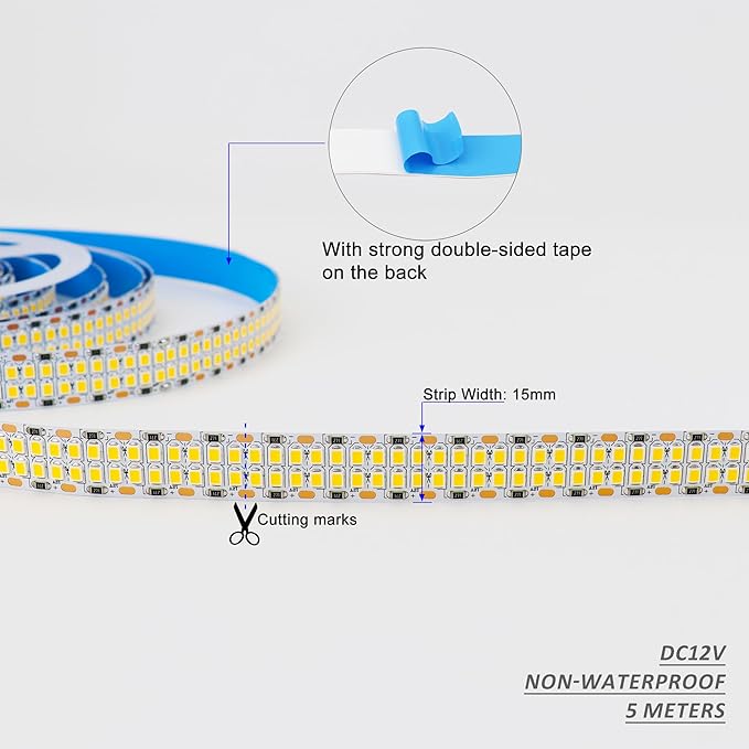 2835 SMD Warm White LED Strip Lights 3000K DC 12V 2400 LEDs 16.4ft/5M Double Row Flexible LED Strip Tape Light Ribbon Lamp LED Dimmable Strips for Bedroom Lighting