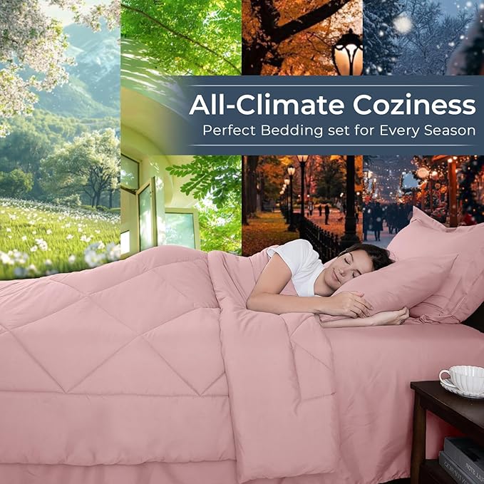 HEVUMYI Rose Gold Twin-XL Comforter Set - 5-Piece All Season Bed in a Bag Twin-XL, Ultra Soft Bedding Set with Comforter, Flat Sheet, Fitted Sheet, Pillowcases, Pillow Shams