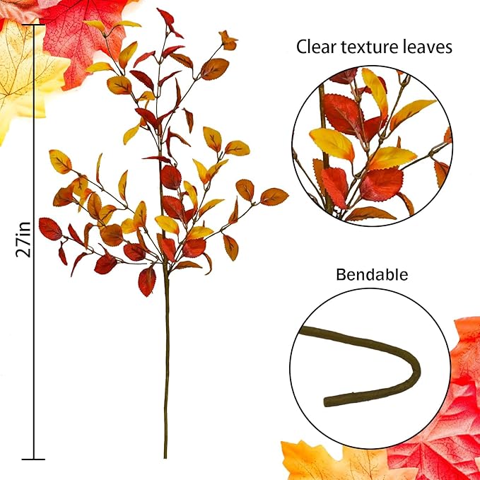 4pcs Artificial Fall Eucalyptus Leaves Stems, 27" Fall Flowers Eucalyptus Leaves Branches Faux Fall Leaf Spray Fall Decorations for Home Floral Arrangement Autumn Table Centerpiece