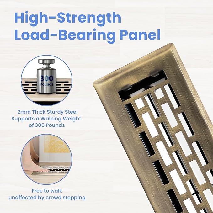 2x10 Inches 4 Pack Heavy Duty Walkable Floor Register - Easy Adjust Air Supply Lever Decorative Floor Vent Covers, Boston Design Vent Covers for Home - Antique Brass