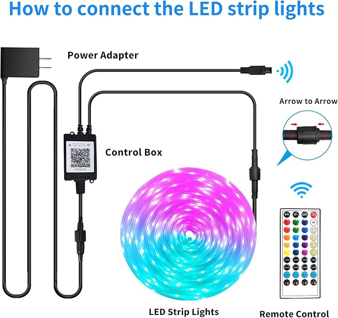 66Ft Outdoor Waterproof LED Strip Lights,Music Sync RGB IP68 Led Lights with App and Remote Control,Color Changing Waterproof RGB Exterior Rope Self Adhesive Back,Balcony,Roof,Garden,Party