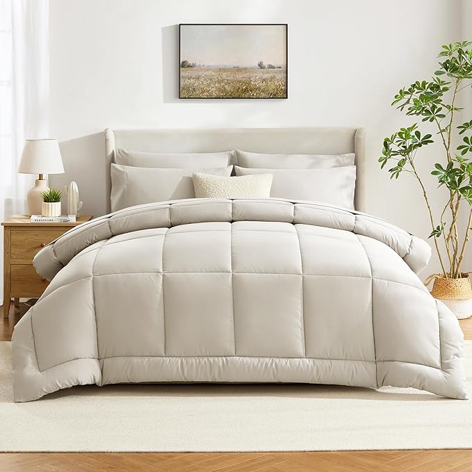 CozyLux Oversized Queen Comforter Sets Beige, 7 Pieces Bed in a Bag, Ultra-Soft All Season Bedding Sets with Stitch Quilted Comforter, Flat Sheet, Fitted Sheet, Pillowcases, Beige