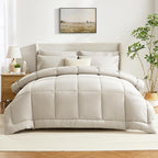 CozyLux Oversized Queen Comforter Sets Beige, 7 Pieces Bed in a Bag, Ultra-Soft All Season Bedding Sets with Stitch Quilted Comforter, Flat Sheet, Fitted Sheet, Pillowcases, Beige
