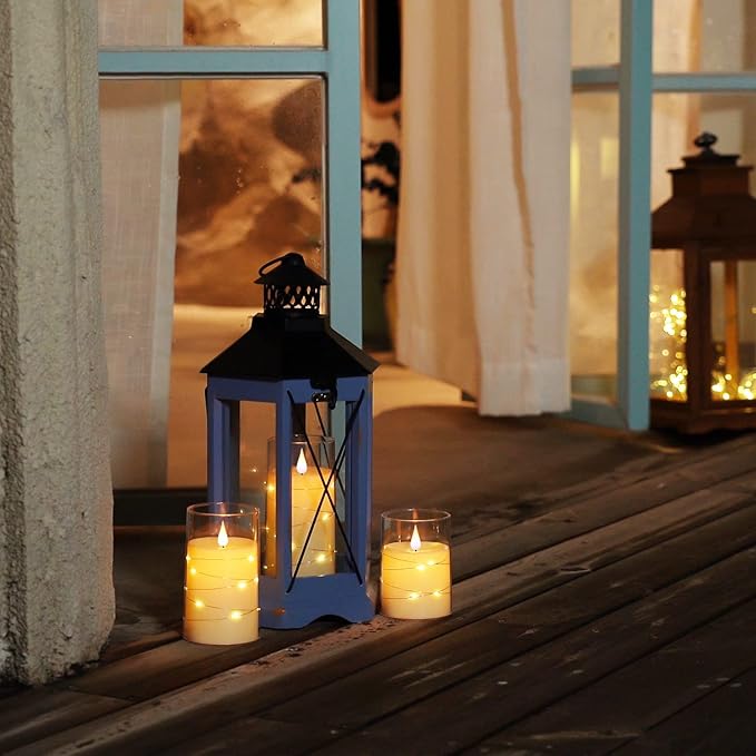 Homemory Flickering Flameless Candles with String Lights, Battery Operated Candles, Embedded String Lights LED Candles, Unbreakable Plexiglass Candle with Remote, Set of 3, Ivory White