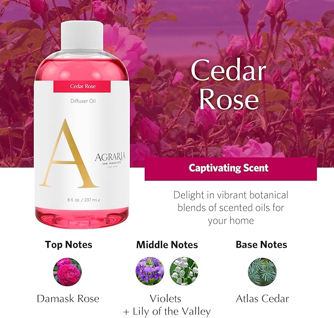 AGRARIA Reed Diffuser Refill, Scented Oil Home Fragrance, Reed Oil Diffuser Gift Set for All Occasions, Cedar Rose