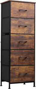 WLIVE Fabric Dresser, 5-Drawer Tall Dresser for Bedroom, Storage Organizer with Fabric Bins, Wood Top, Sturdy Steel Frame, Chest of Drawers for Closet, Hallway, Rustic Brown Wood Grain Print