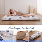 Japanese Floor Mattress, Futon Mattress with Portable Storage Bag and Washable Cover, Roll Up Thick Tatami Mat Suitable for Camping, Guest Room, White Leaf, Full