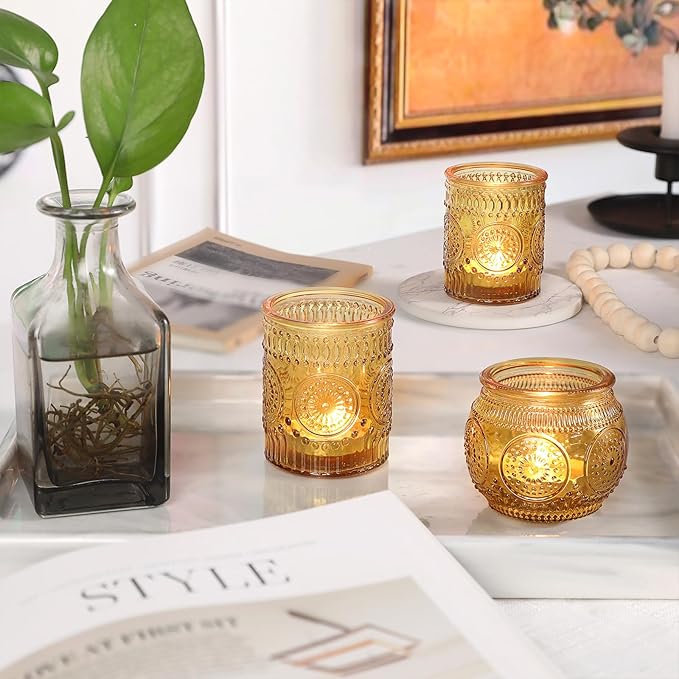 36 Pcs Amber Glass Candle Holders - Fall Votive Candle Holders for Party Decorations, Thanksgiving & Christmas Table Centerpieces