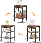HOOBRO End Tables Set of 2 with Charging Station and USB Port, 3-Tier Nightstands with Adjustable Shelf, Small Side Tables for Small Space in Living Room, Bedroom, Rustic Brown BF112BZP201