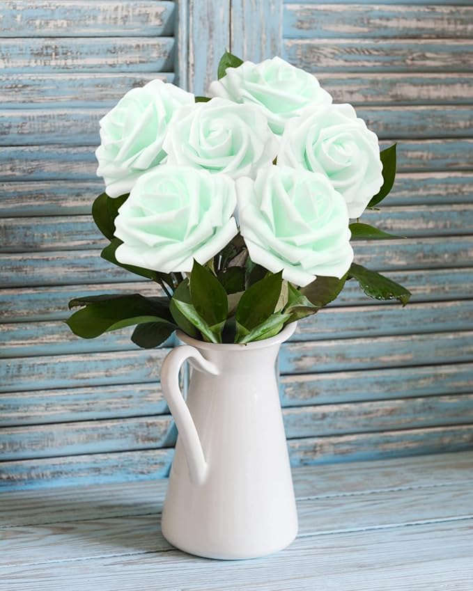 Artificial Flowers Realistic Roses, 25pcs Real Looking Fake Roses with Stem for DIY Wedding Bouquets Centerpieces Bridal Shower Party Home Romantic Decorations (Regular 3" - 25pcs, Light Green)