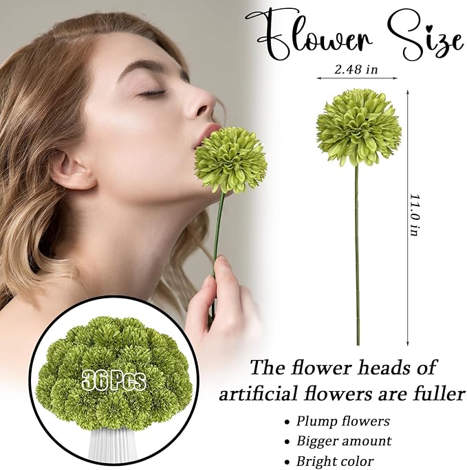 36 Pcs Artificial Chrysanthemums Flowers Green Ball Flower Silk Fake Mums Flowers for Home Decor Outdoor Wedding Floral Arrangement St Patricks Day Table Centerpiece