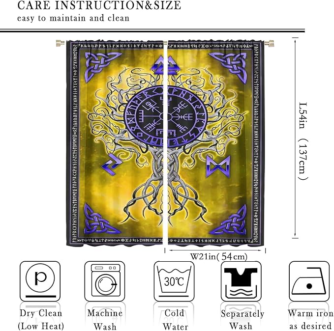 Viking Blackout Curtains Scandinavian Pirate Totem Mythology Golden Tree of Life Printed Curtain Bedroom and Living Room Decoration Blackout Curtains W42 * L54 Inch