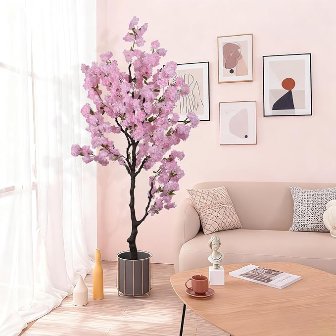 Artificial Pink Cherry Blossom Tree 7ft(83in) Tall Fake Silk Leaves Indoor Decor Handmade Lifelike Sakura Tree for Wedding Realistic Cherry Plant in Pot for Home Living Room,Office,Outdoor Decor