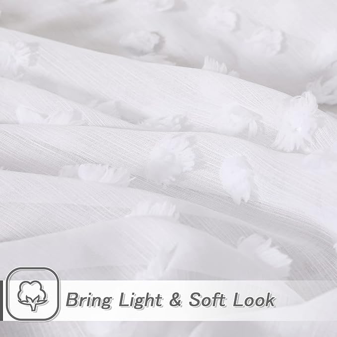MYSKY HOME White Sheer Short Curtains with Pom Pom for Small Windows Bedroom Nursery Kids Girls Room Curtains Cafe Kitchen Light Filtering Boho Drapes, Rod Pocket,52 x 45 Inches, 2 Panels